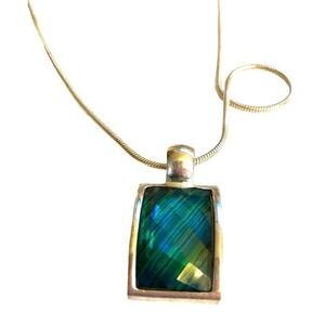KC Pendant Necklace Green Acrylic Silvertone Chain